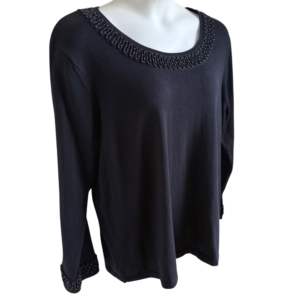 Quiet Luxury Black Beaded Neckline Cuff Long Sleeve Top Elegant Minimalist 2X - Picture 2 of 6